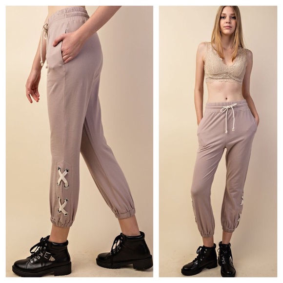 Pants - French Terry Jogger Side Ankle Lace-up & Pockets Pants - French Terry Jogger Side Ankle Lace-up & Pockets